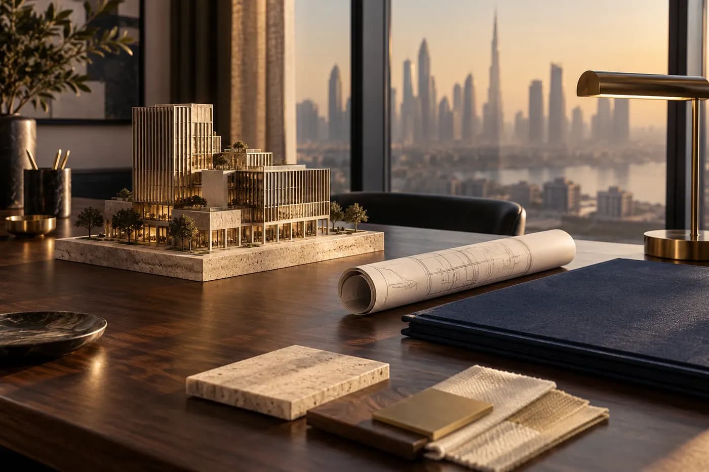 Editorial illustration of a luxury property advisory desk with plans, a model and a Dubai city view